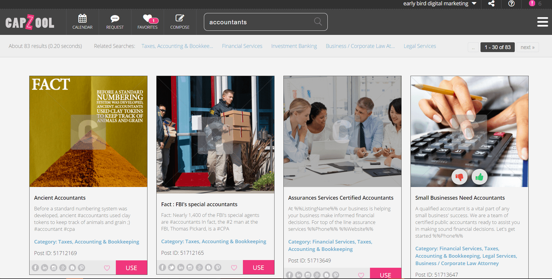 Search for keyword to find pre-made social media posts