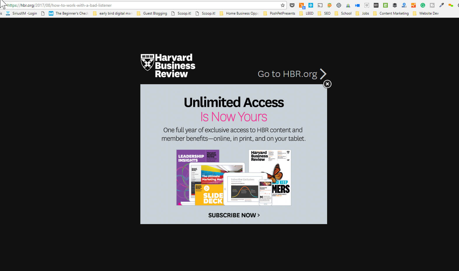 Obnoxious Pop-Up on Harvard Business Review Page
