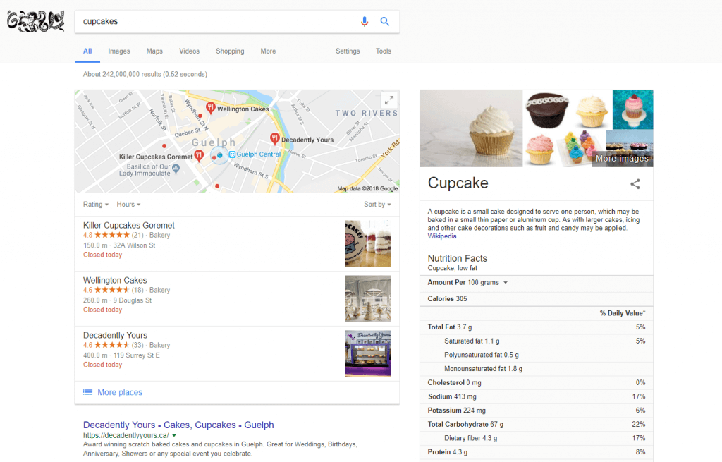 Example of Cupcakes Search Rich Snippet