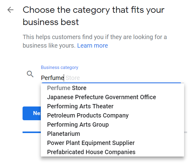 Google My Business category choice example