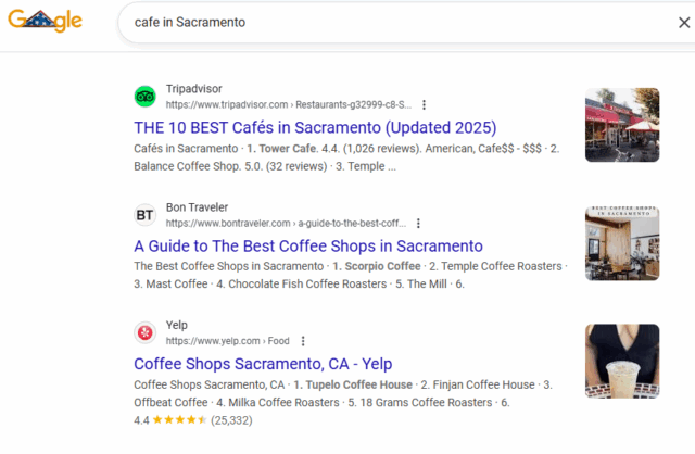 A screenshot of a Google search results page. It shows a number of citation sites ranking for a local search term.