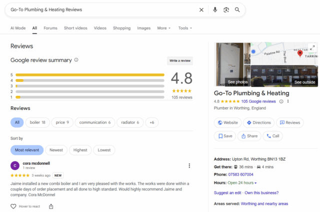 Google Business Reviews Knowledge Panel