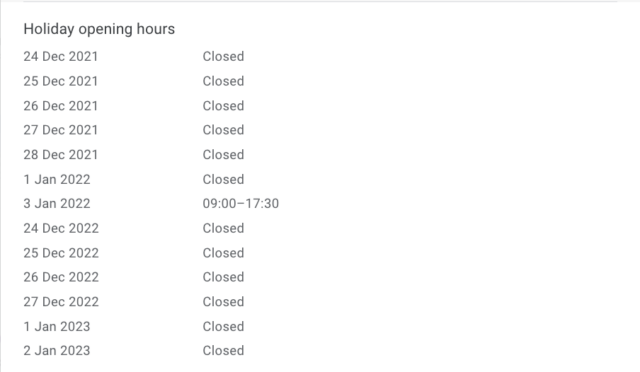 Holiday Opening Hours