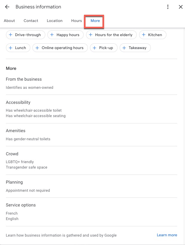 Google Business Profile Attributes - More business information