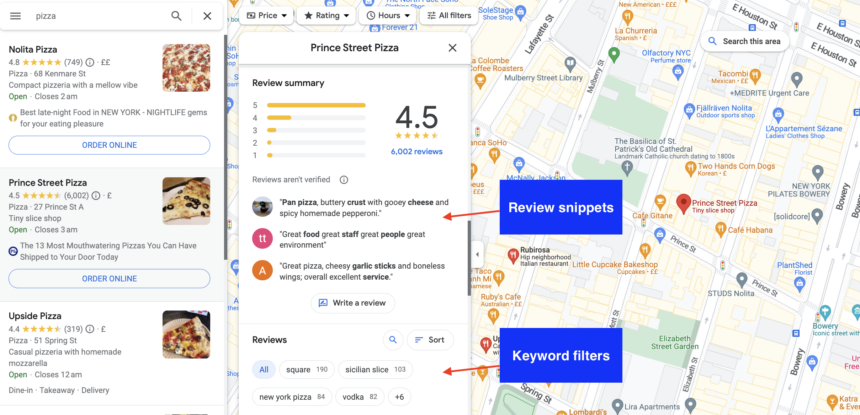 Screenshot of a Google Business Profile with review keywords highlighted