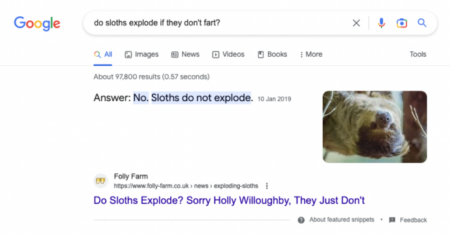 A Google search for 'do sloths explode if they don't fart?' that shows that they don't.