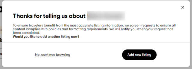 Tripadvisor lisitng request confirmation page