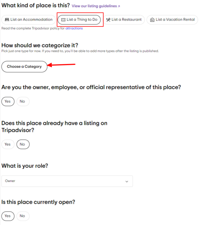 Tripadvisor business category and questions
