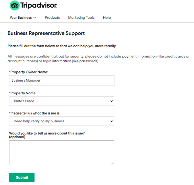 Assistance from Tripadvisor business representatives
