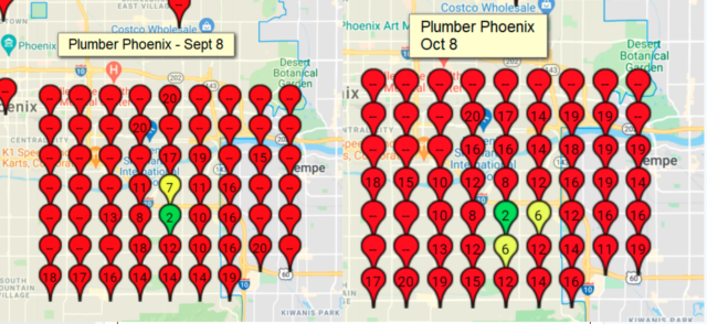 Geo ranking grid with rankings for "Plumber Phoenix" on September 8th vs. October 8th – the ranking increased slightly.