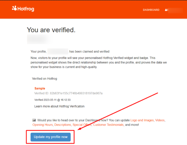 Hotfrog Verification Confirmation Page