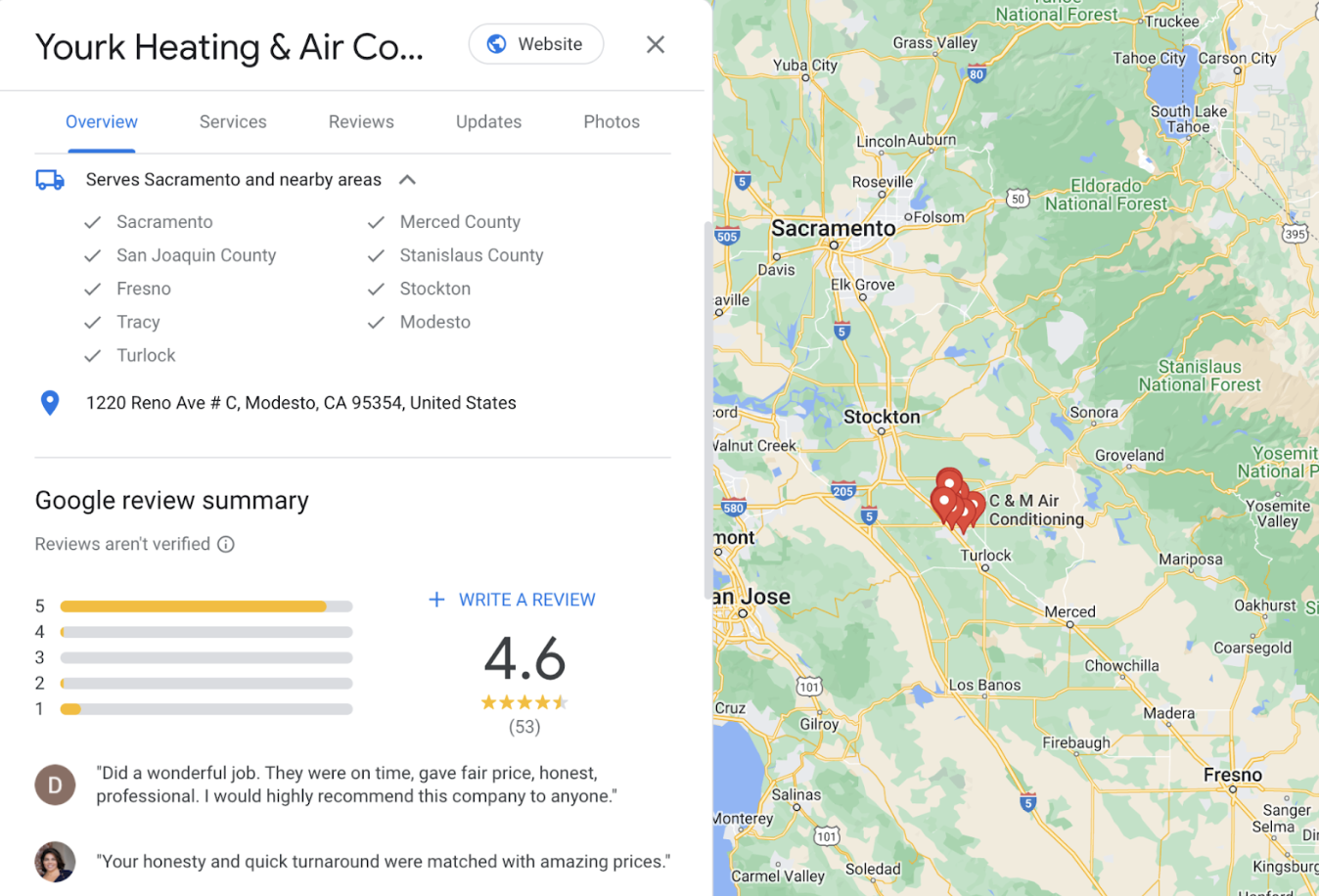 A screenshot from Google Maps showing a Google Company Profile of an HVAC contractor in Modesto, California.