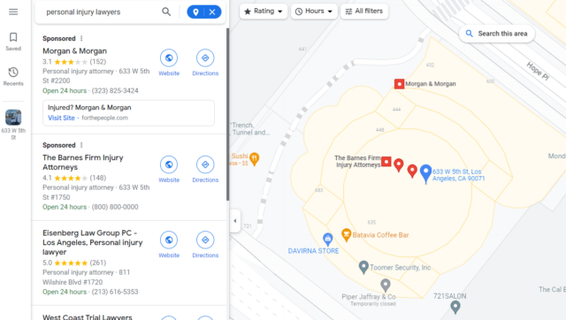 Personal injury lawyers nearby Google Maps close up