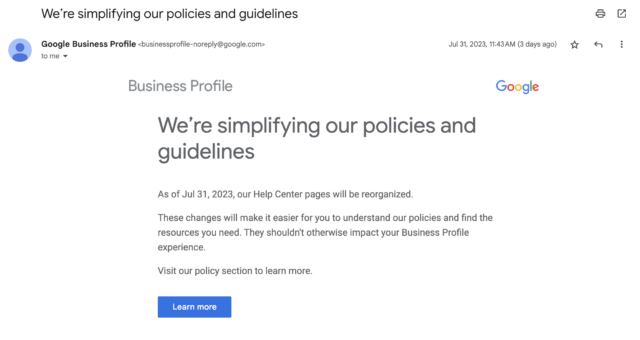 GBP "We're simplifying our policies and guidelines" email