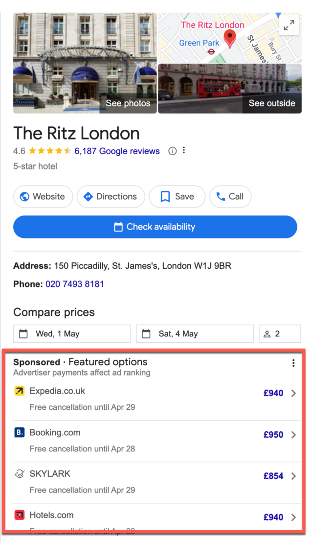 How to Use Google 'Things To Do' - Ads in a hotel's local knowledge panel