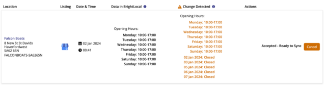 BrightLocal Active Sync - Change Detected
