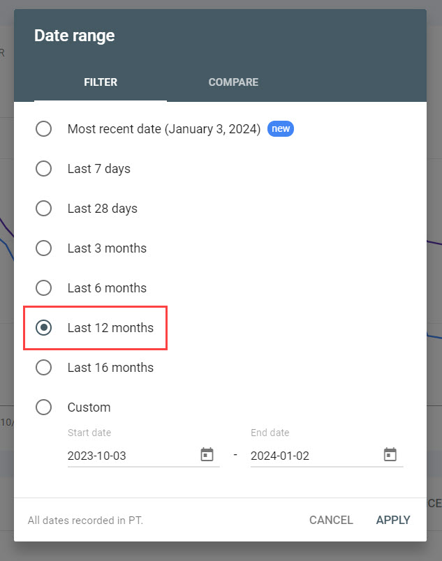 Google Search Console Change Date Range