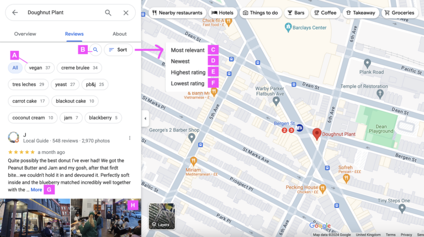 Screenshot of Google Maps and a business review profile. The screenshot is labelled to highlight key review functionality that enable users to filter review content.